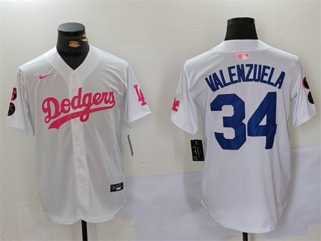 Men's Los Angeles Dodgers #34 Toro Valenzuela White/Pink Vin & Kobe Patch Stitched Baseball Jersey Men's Los Angeles Dodgers #34 Toro Valenzuela White/Pink Vin & Kobe Patch Stitched Baseball Jersey